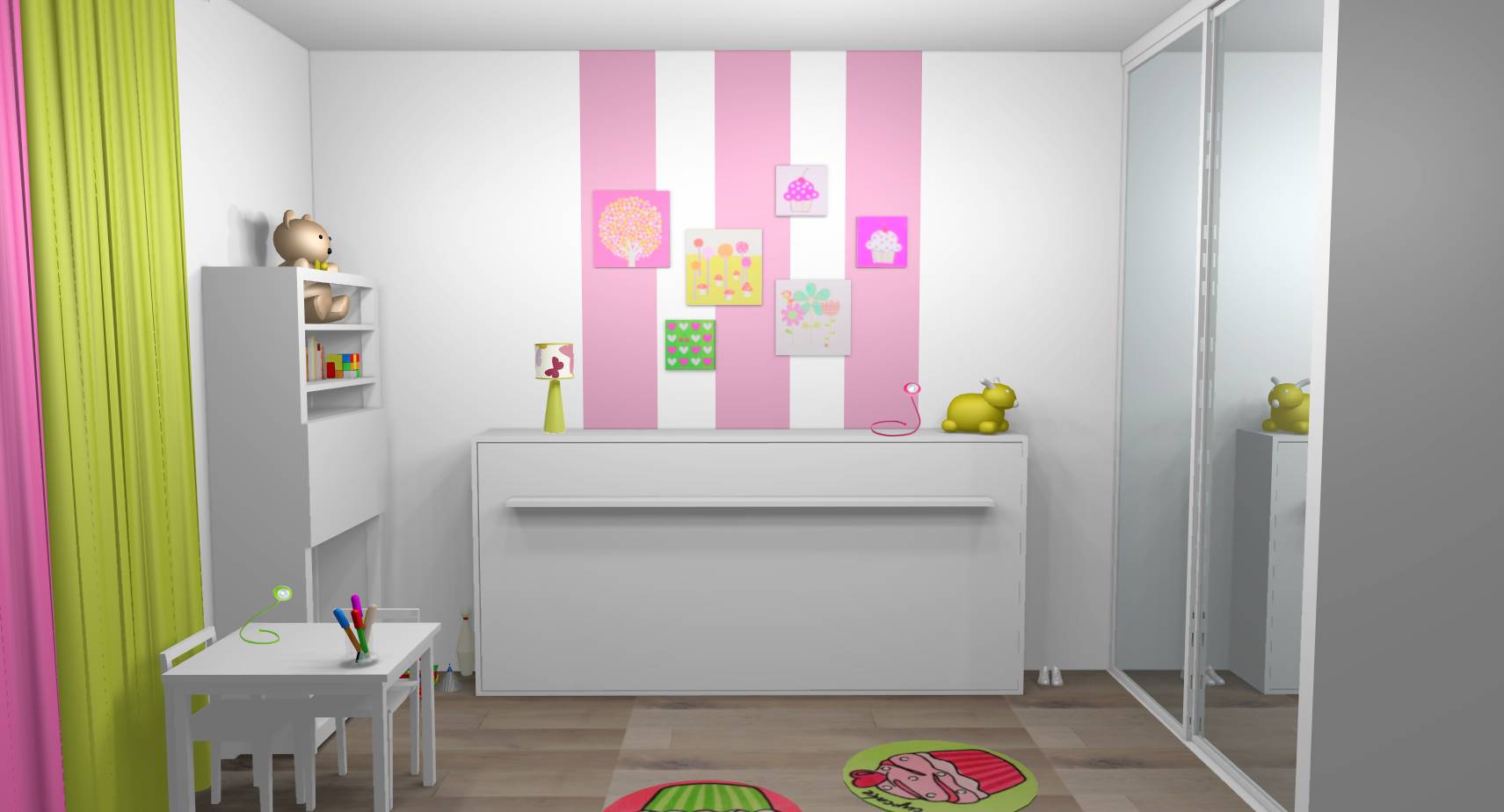  - chambre-mixte-fille-bébé-bandes-peinture-touches-vert-anis-rose-4